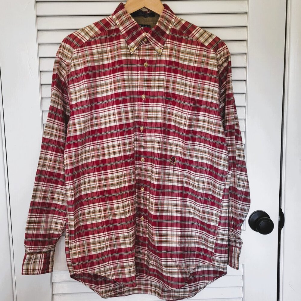 Men's Tommy Hilfiger Men's Oxford Button Down Shirt Medium Red Tan Navy Plaid